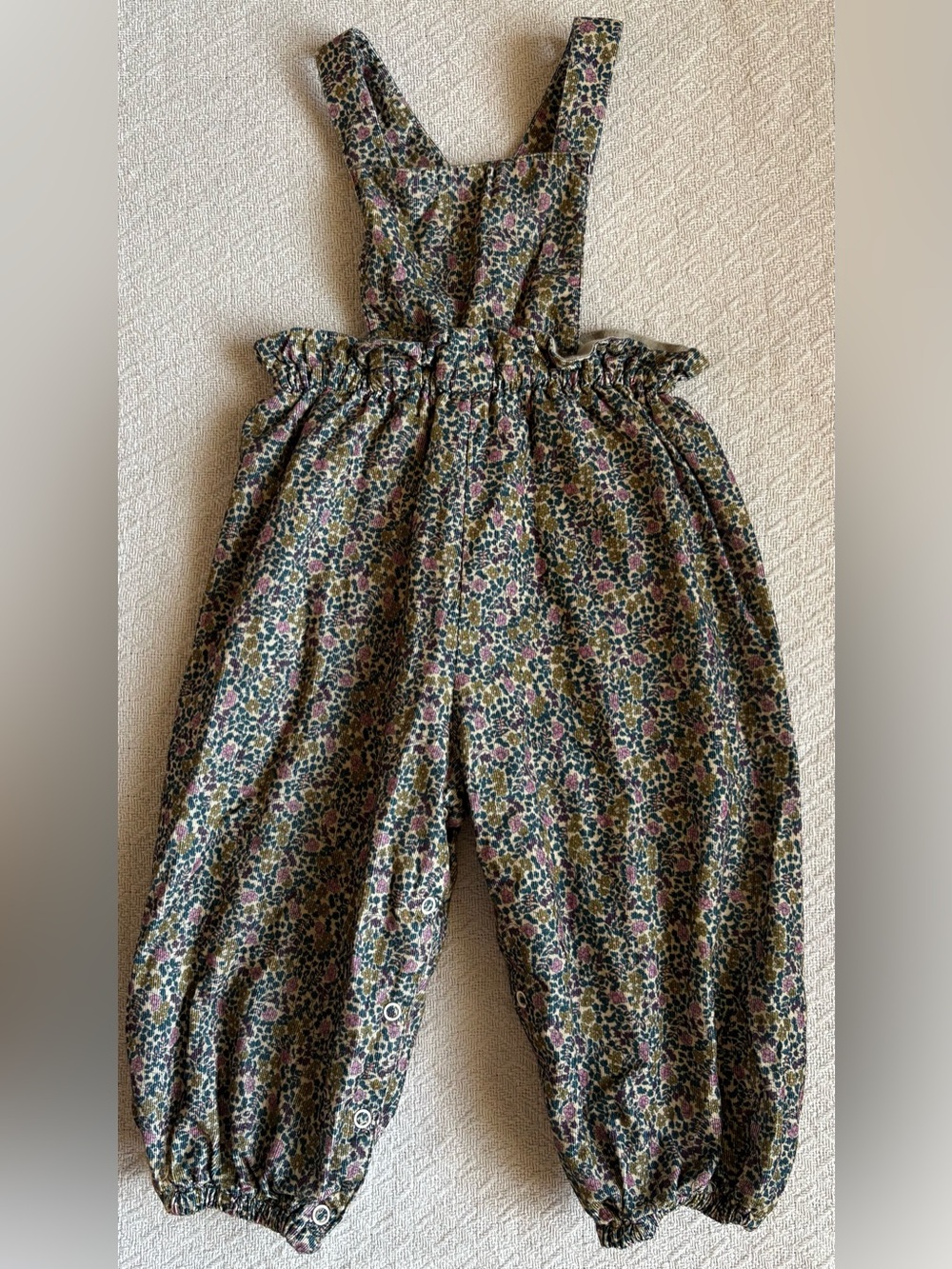 Bonpoint Olive Green Floral Smocked Romper with Pink Accents